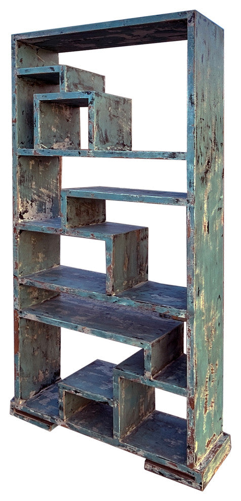 84" Distressed Blue Uneven Shelves Slim Display Cabinet Room Divider Hws4325