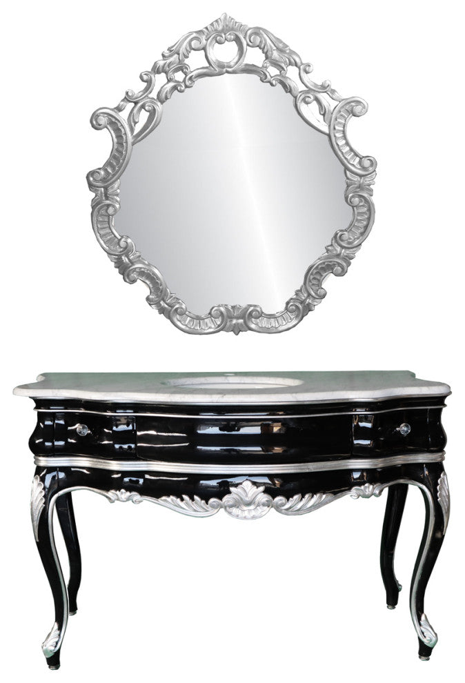 Handmade 48'' Single Bath Vanity, Italian Marble Top, Solid Wood, Mirror, Black