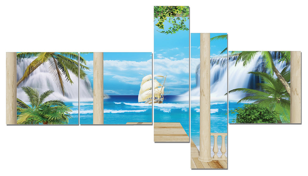 Wooden Terrace with Sea View, Landscape Photo Canvas Print, 60"x32", 5 panels