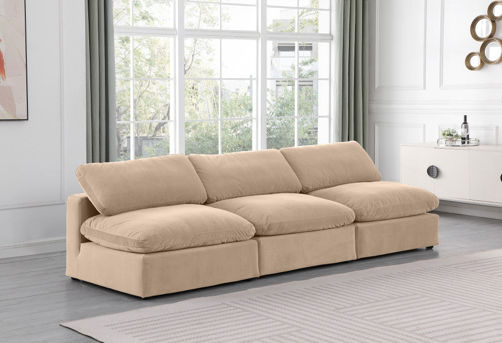Comfy Upholstered Modular Sofa, Beige, 3-Piece: 3 Armless Chair, Velvet