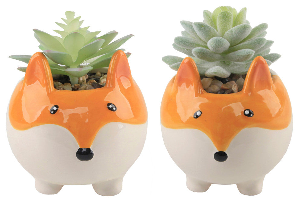 Faux Succulent In 3.5" Small Orange Fox Ceramic Planter,Set Of 2