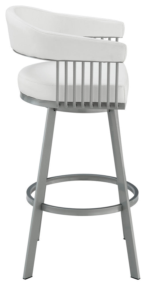 30" Mod White Faux Leather Silver Finish Swivel Bar Stool