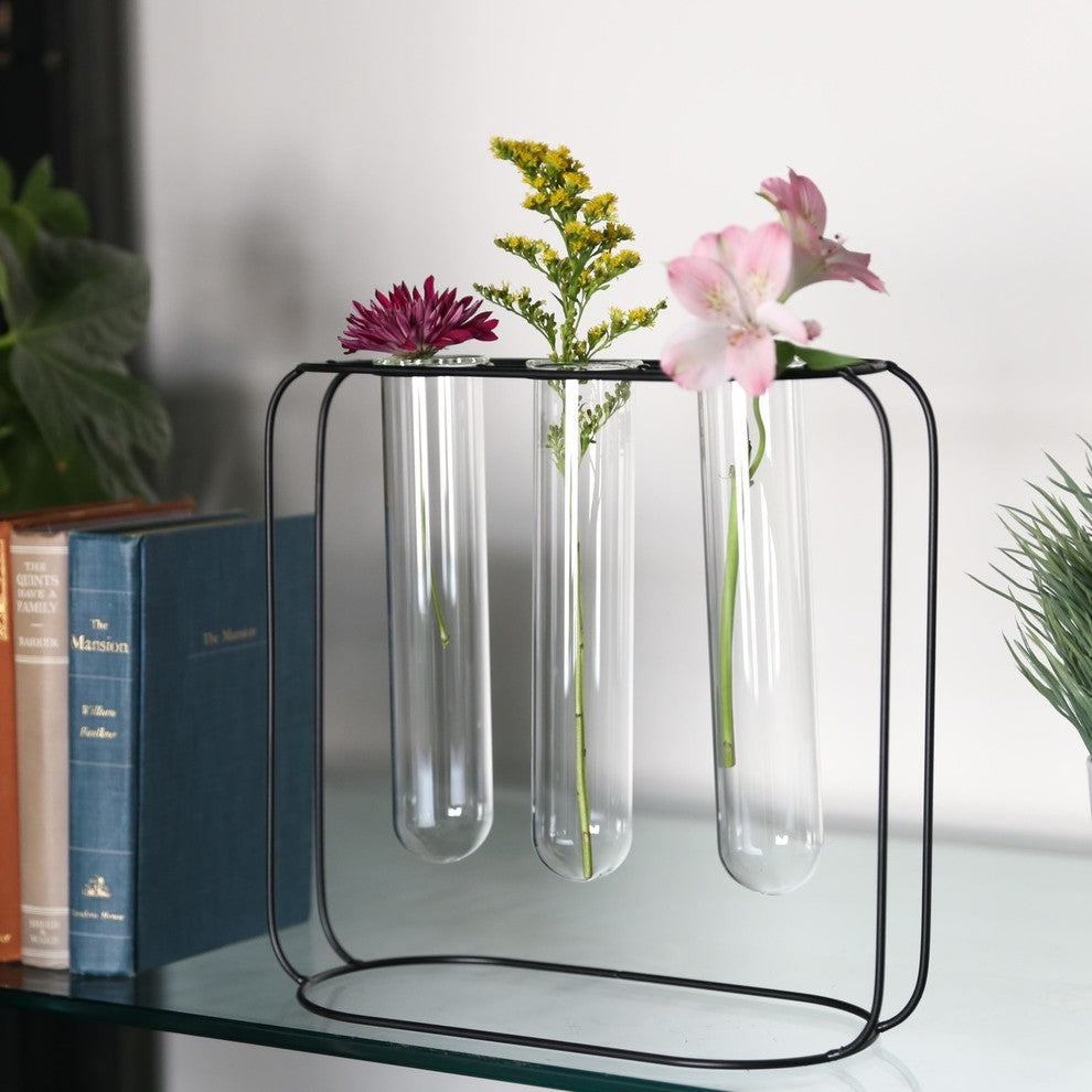 Metal Clustered Hanging Bud Vase Holder with 3 Large Glass Tube Vases