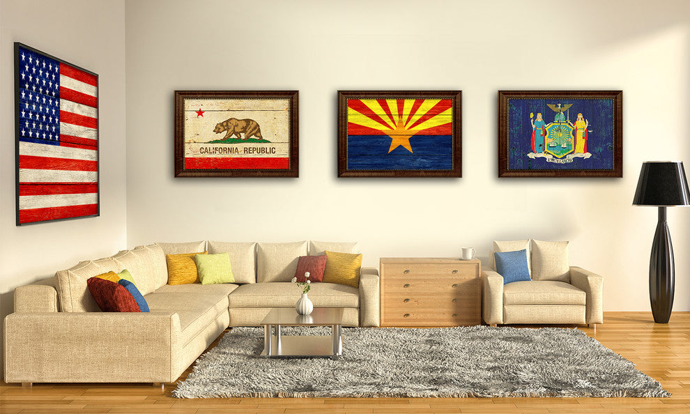 Arkansas State Textured Flag Print With Brown Gold Frame, 19"X27"