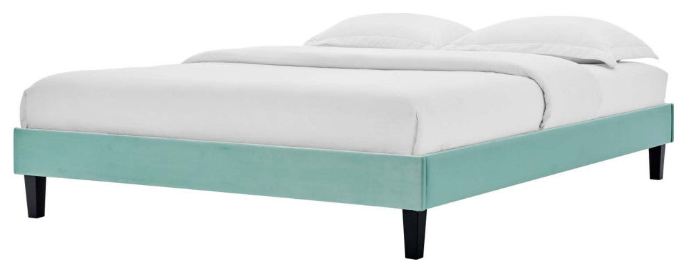 Platform Bed Frame, Twin Size, Velvet, Blue, Modern Contemporary, Bedroom Master
