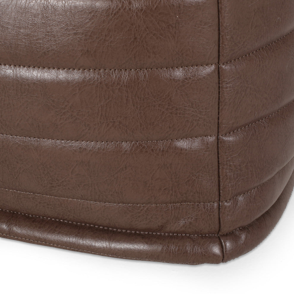 Conrail Contemporary Faux Leather Channel Stitch Pouf, Brown, Square