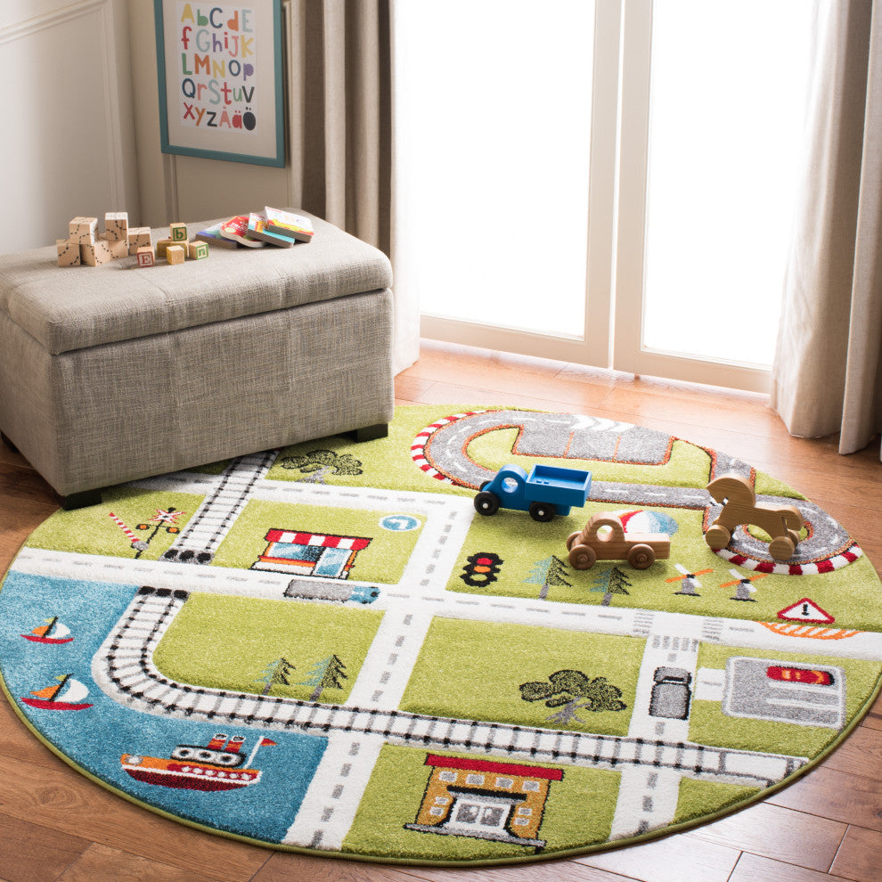 Safavieh Carousel Kids Collection CRK192Y Rug, Green/Ivory, 8' X 8' Round