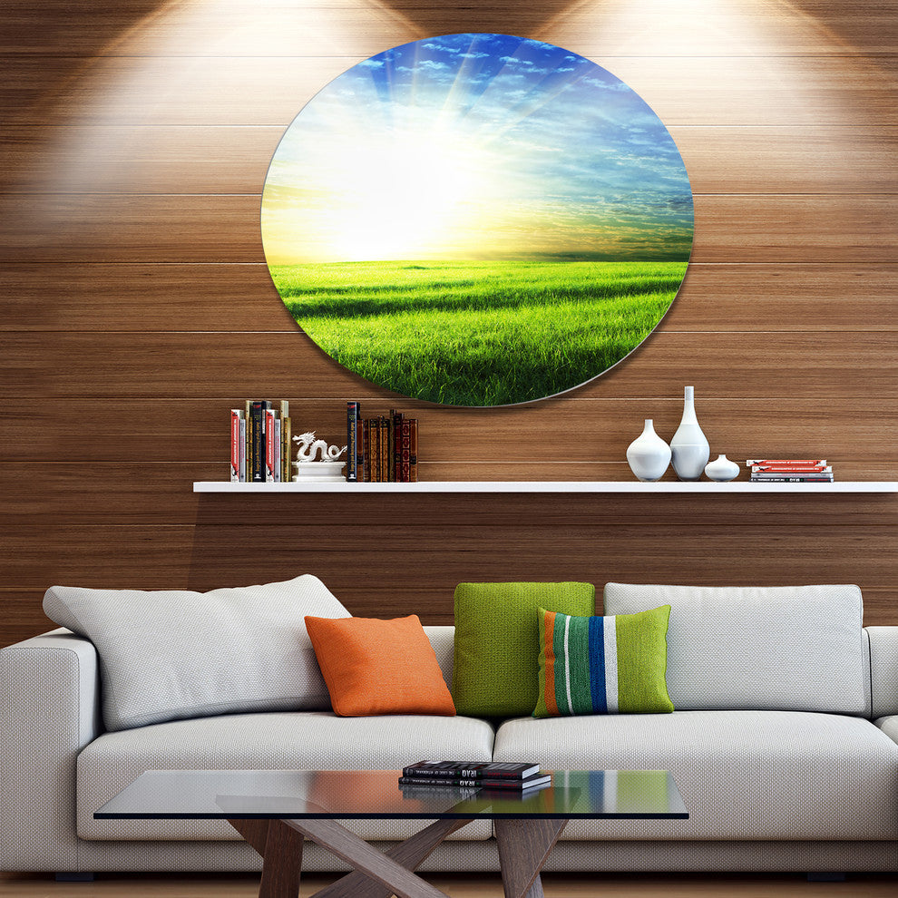 Bright Green Field At Sunrise, Landscape Disc Metal Artwork, 36"