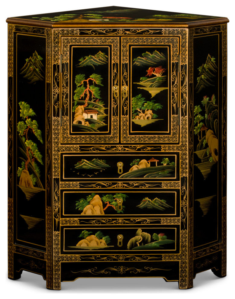 Black Lacquer Chinoiserie Landscape Oriental Corner Cabinet