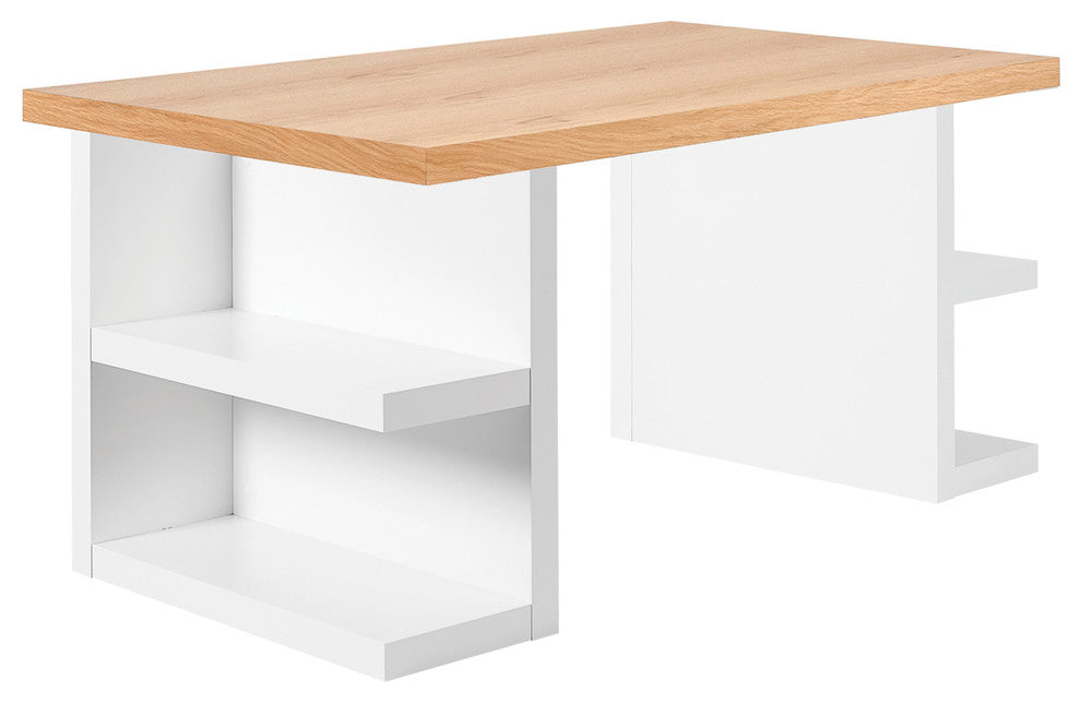Contemporary Home Office Desk Leg Shelves, Oak Top/White Legs