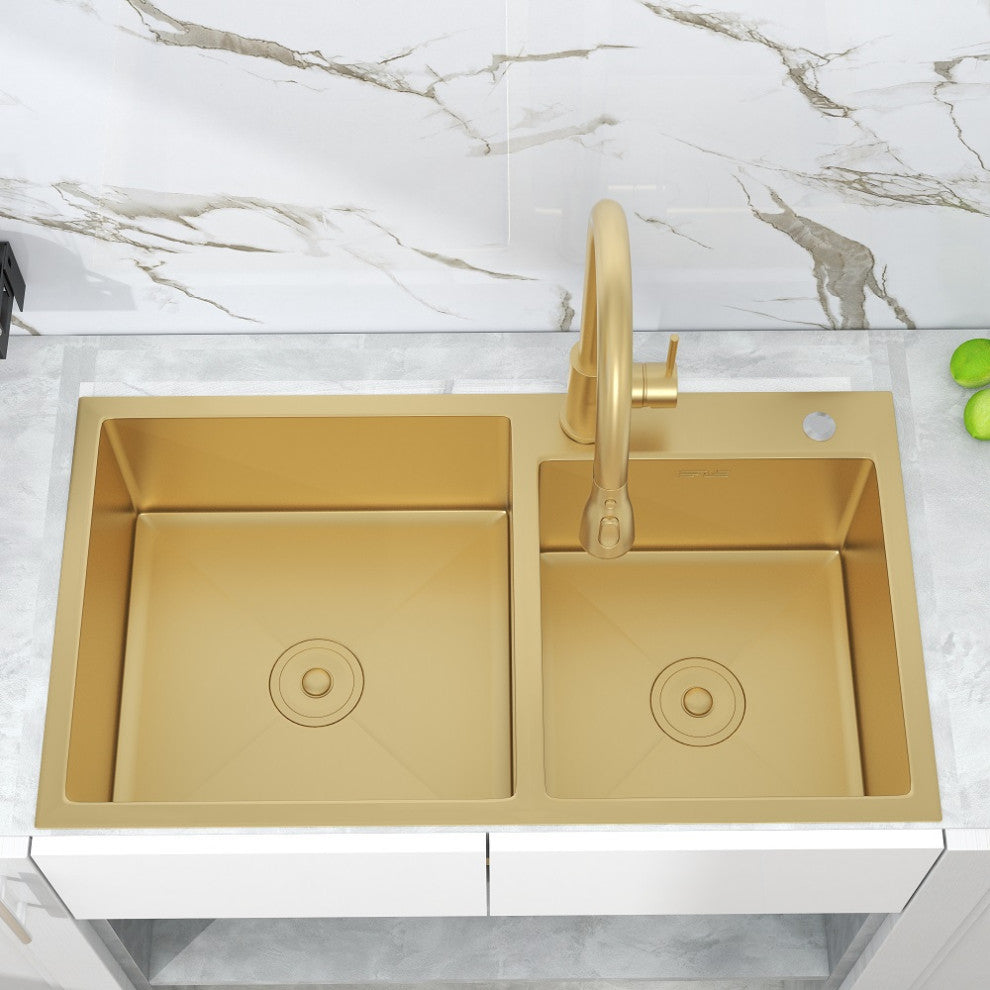 Stainless Steel Kitchen Sink Double Bowls Drop-In Sink with Drain and Overflow, Gold