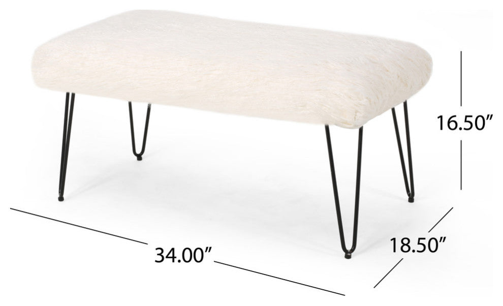 Louise Faux Fur Bench With Hairpin Legs, White, Black Finish