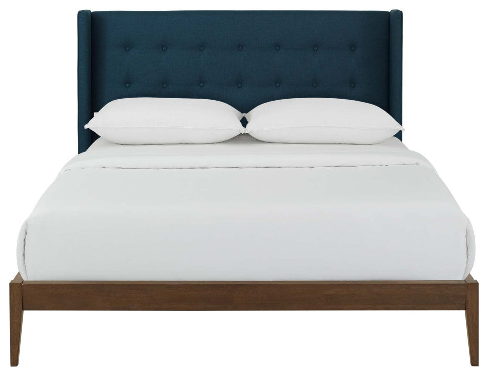 Contemporary Modern Bedroom Queen Size Platform Bed Frame, Fabric, Blue