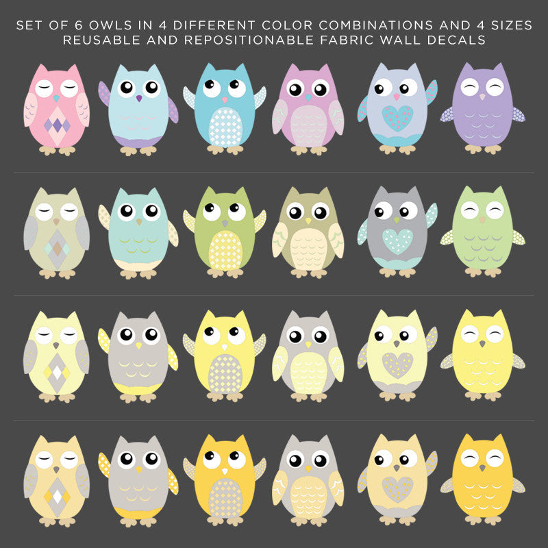 Owls Fabric Wall Decals, Set of 6, Yellow, 8" Tall