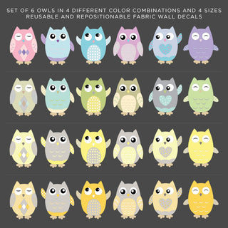Owls Fabric Wall Decals, Set of 6, Yellow, 8" Tall