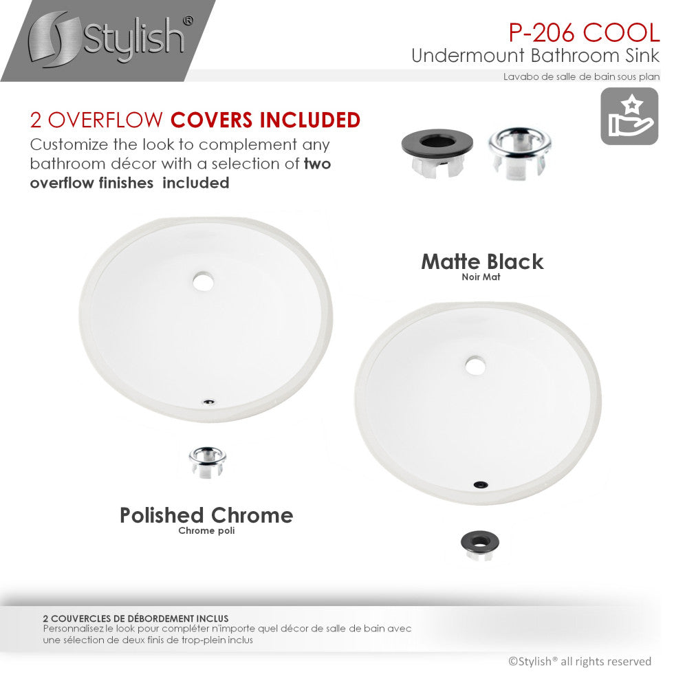 STYLISH 19" Oval Undermount Ceramic Bathroom Sink With 2 Overflow Finishes
