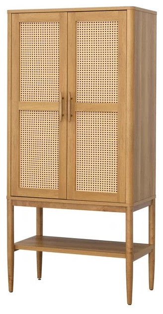 Tall Storage Cabinet with Rattan Front Doors and Adjustable Shelves, Light Honey