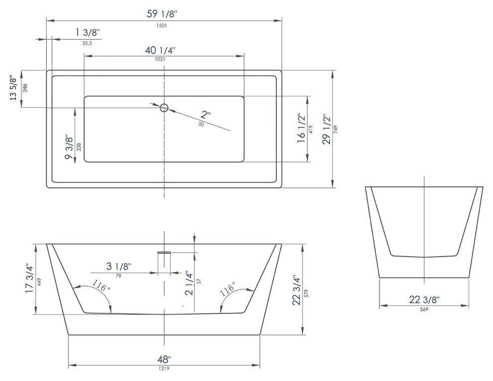 ALFI brand AB8834 59 Inch Black & White Rectangular Acrylic Soaking Bathtub
