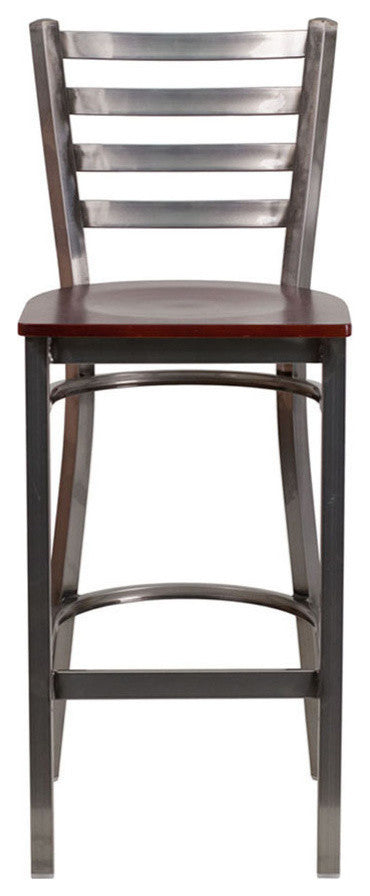 Clear Coated Ladder Back Metal Restaurant Barstool, Mahogany Wood Seat