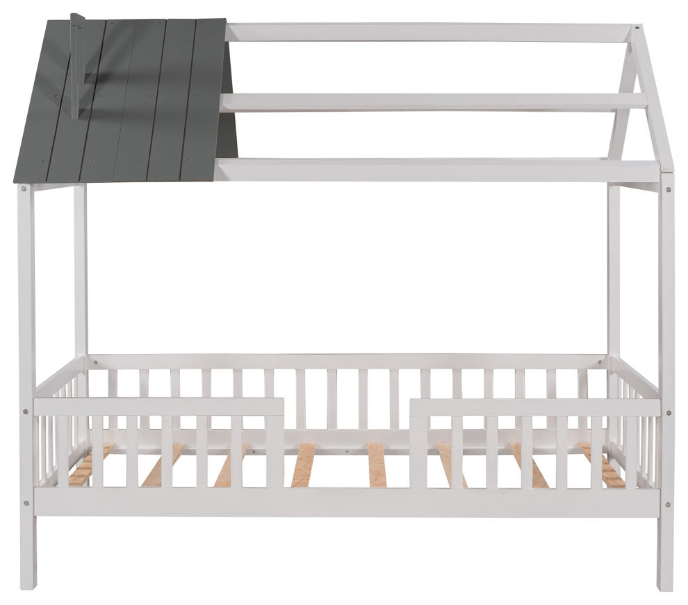 Gewnee Wood Twin Size House Bed with Fence and Roof,Gray/White