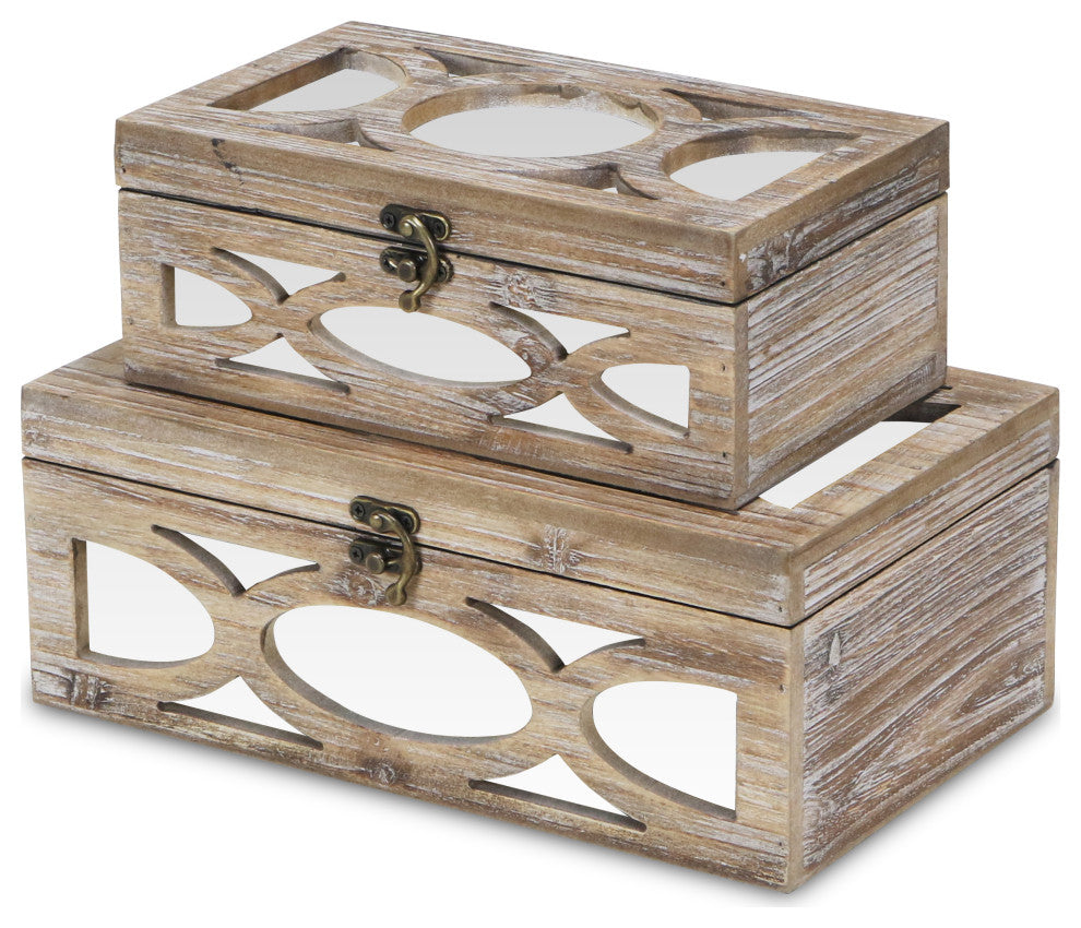 Wooden Mirrored Boxes, Distressed Wood, Set of 2