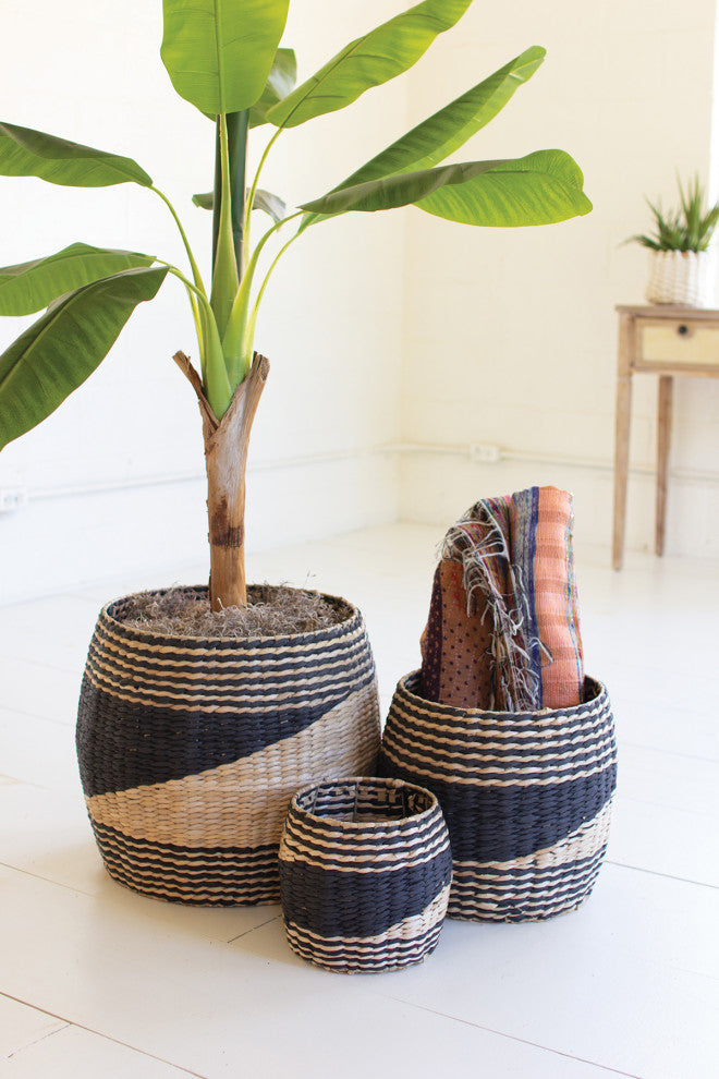 Kalalou Cch1163 Set Of Three Round Black And Natural Seagrass Baskets