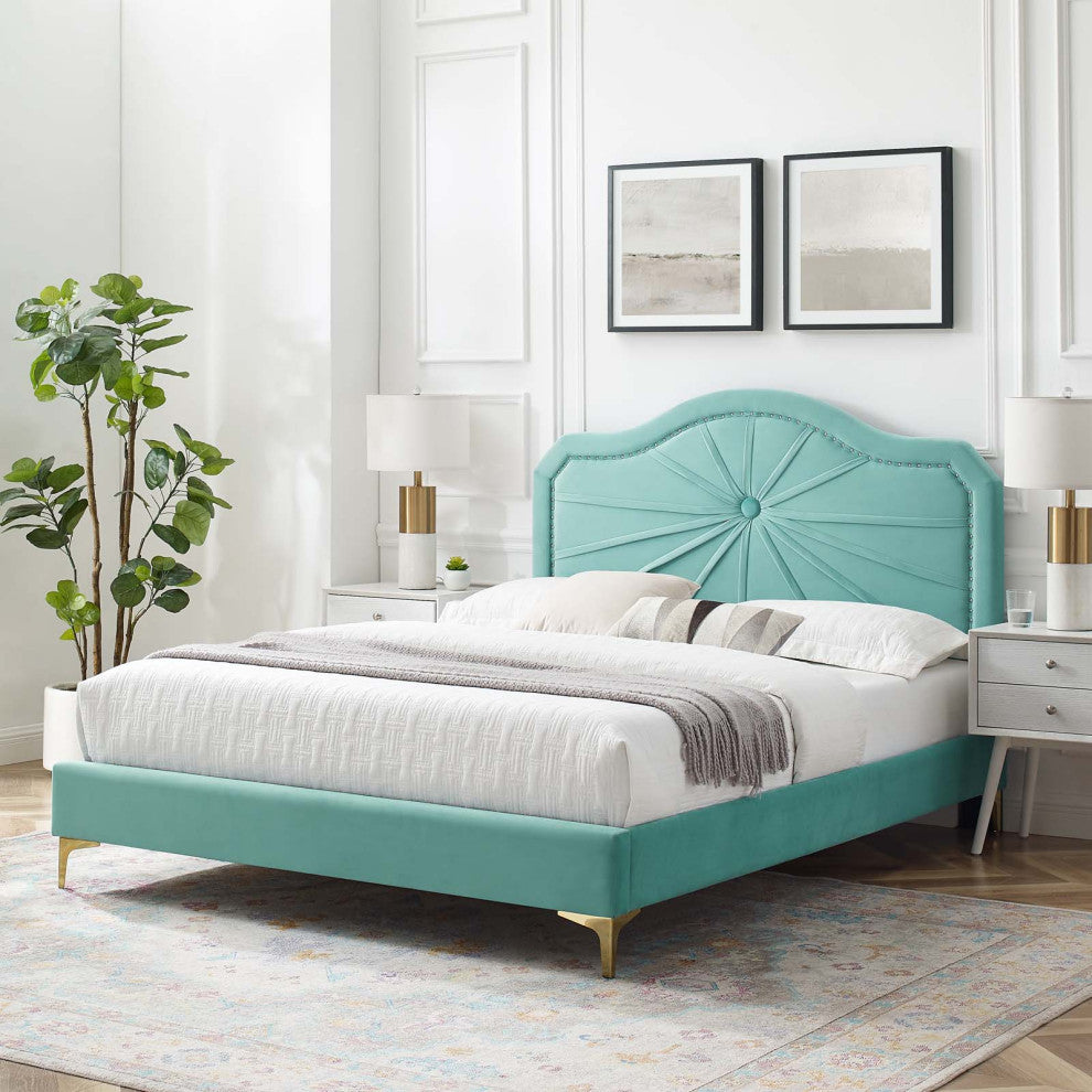 Platform Bed Frame, Full Size, Velvet, Blue, Modern Contemporary, Bedroom Master