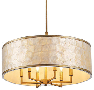 GetLedel 24" 6-Light Capiz Shell Drum Chandelier, Distressed Gold