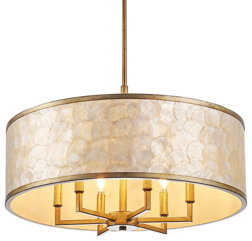 GetLedel 24" 6-Light Capiz Shell Drum Chandelier, Distressed Gold