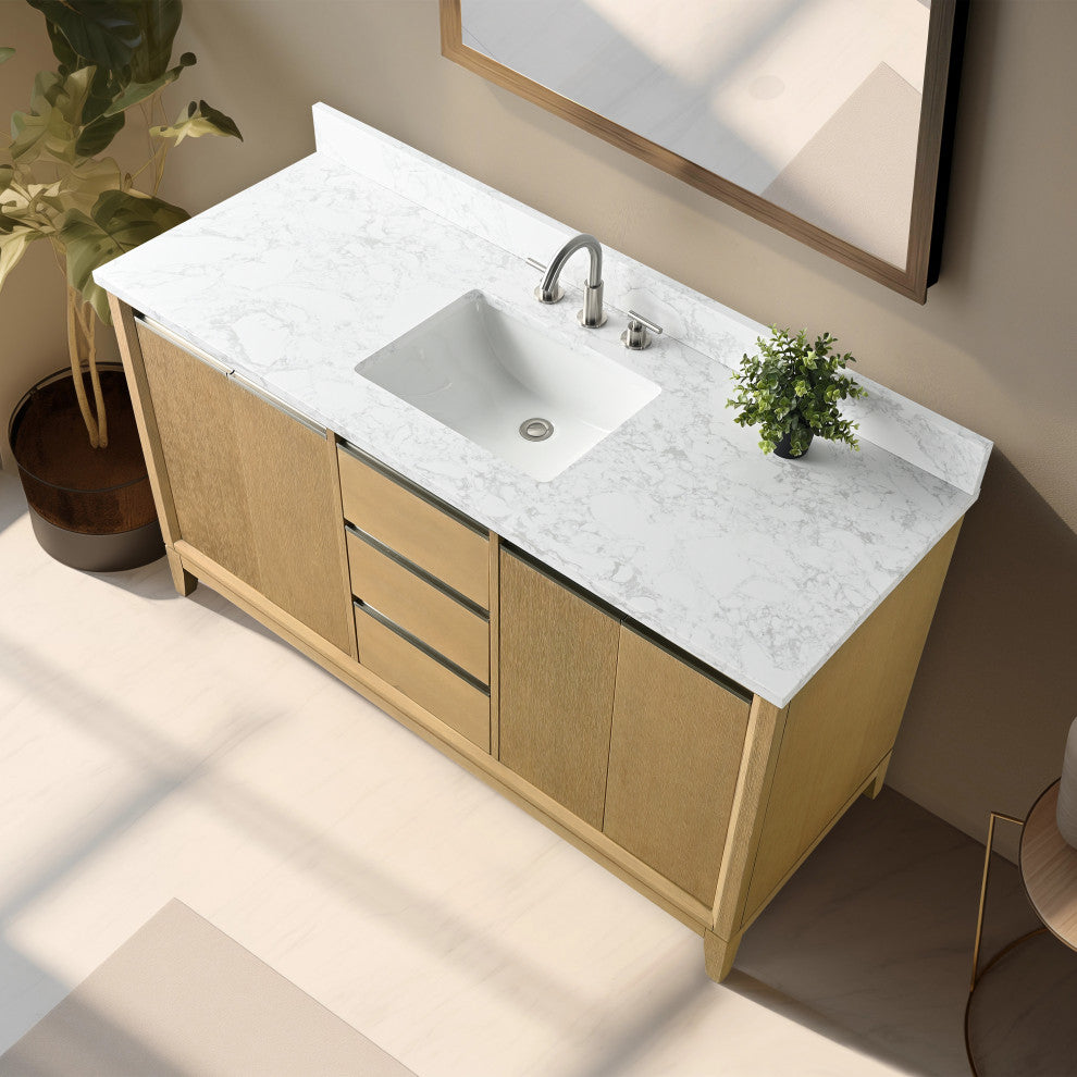 Vanity Art Bathroom Vanity With Sink, Natural Oak, 60" Single
