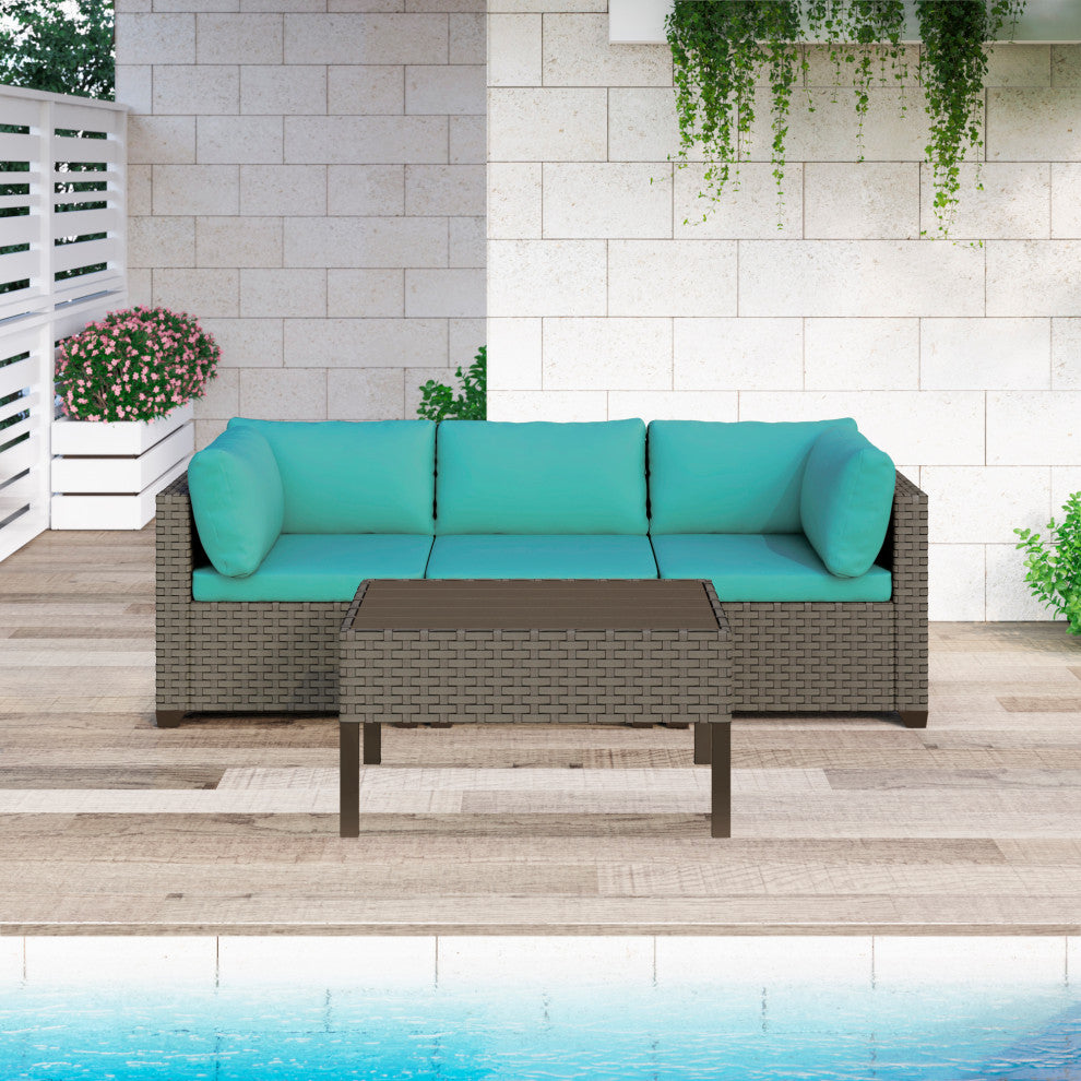 Keys 4-Piece Outdoor Conversation Set with Coffee Table in Summer Fog Wicker, Cyan