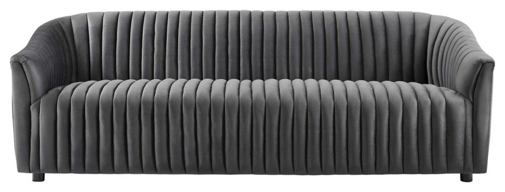 Tufted Sofa, Charcoal Gray, Velvet, Modern, Mid Century Hotel Lounge Cafe