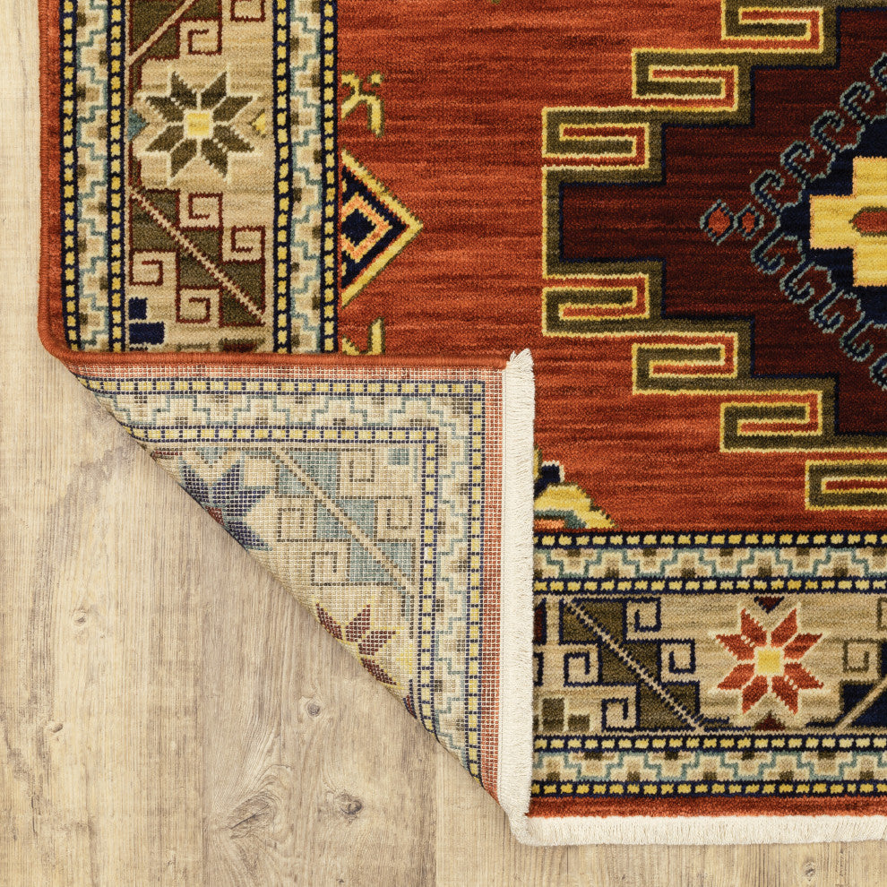 Lizbeth Medallion Border Red/Multi Wool Blend Fringed Area Rug, 2'6"X12'