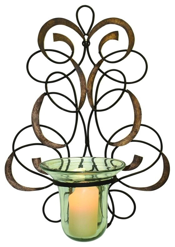 Luxe Gold Bronze Swirl Scroll Wall Candle Holder Pillar Sconce Ribbon Ornate