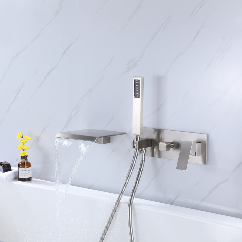 Wall Mounted Pressure Balanced Roman Tub Faucet with Hand Shower, Brushed Nickel