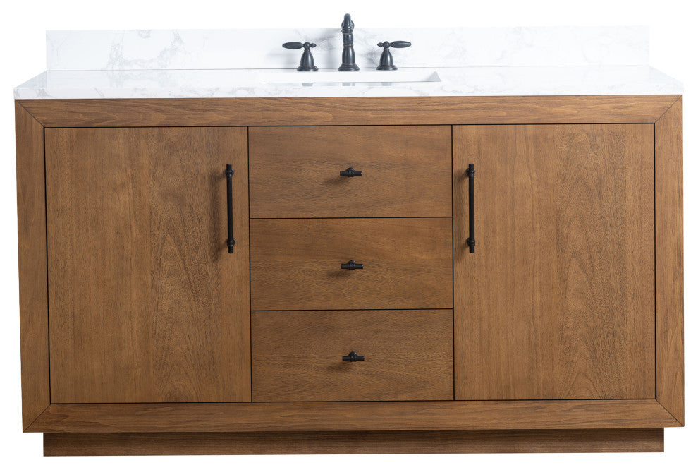 Vanity Art Bathroom Vanity With Sink, Tan, 60" Single, Arabescato White Engineered Marble Top