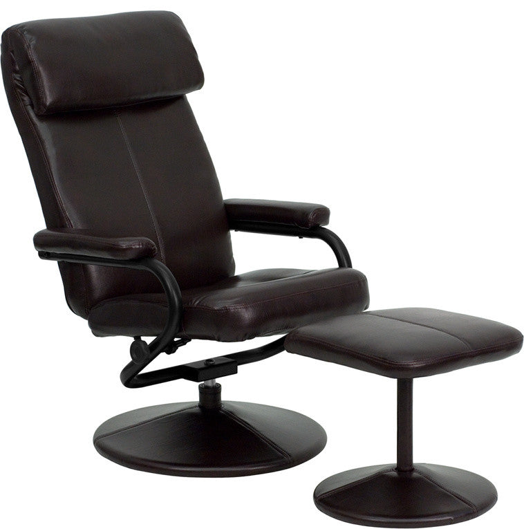 Contemporary Leather Recliner and Ottoman With Leather Wrapped Base, Brown, 26.5