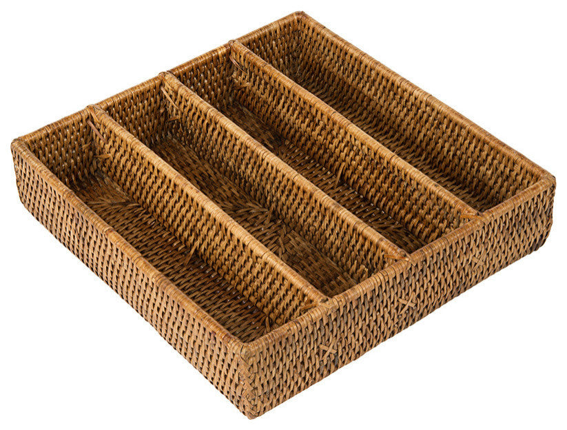 La Jolla Rattan Silverware Tray and Organizer, Honey-Brown