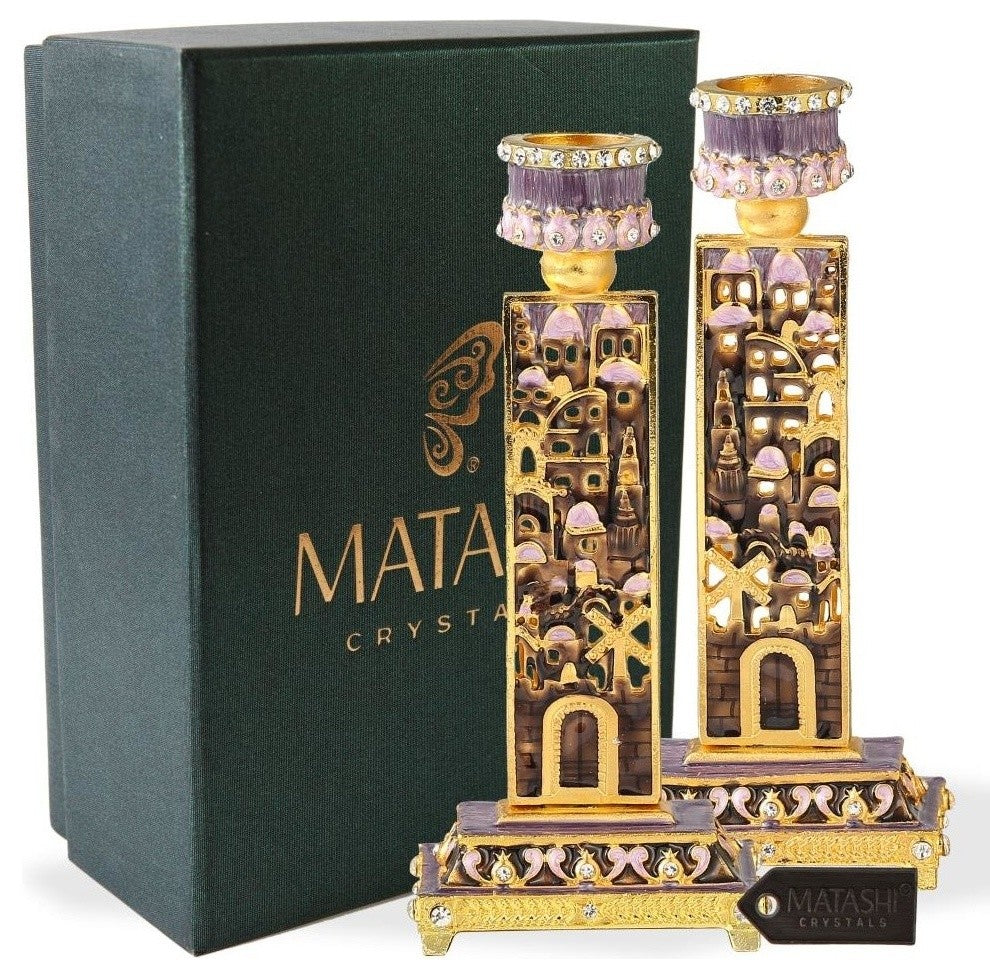 Shabbat Candlestick (2-Piece Set) Hand-Painted  Gold-Plated Pewter