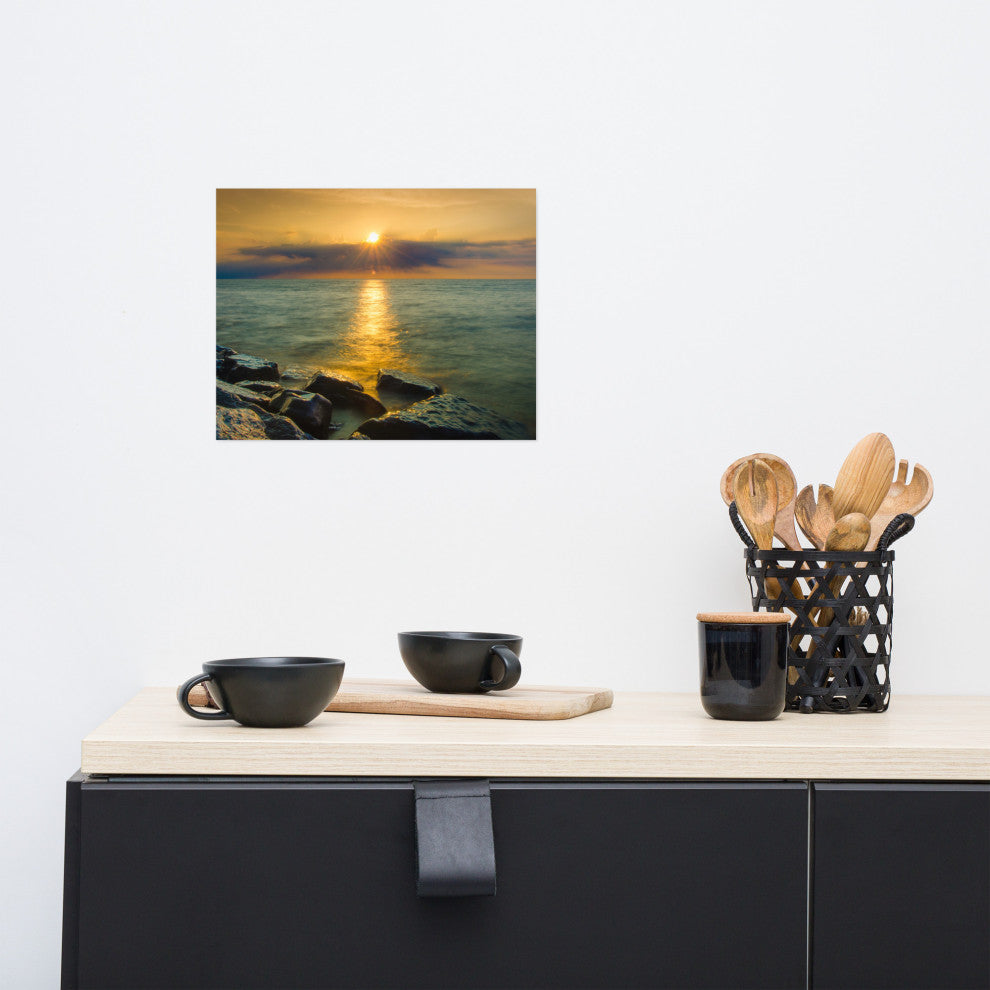 Sunset On Ocean, Sea, Beach Landscape Photo Unframed Wall Art Print, 11" X 14"