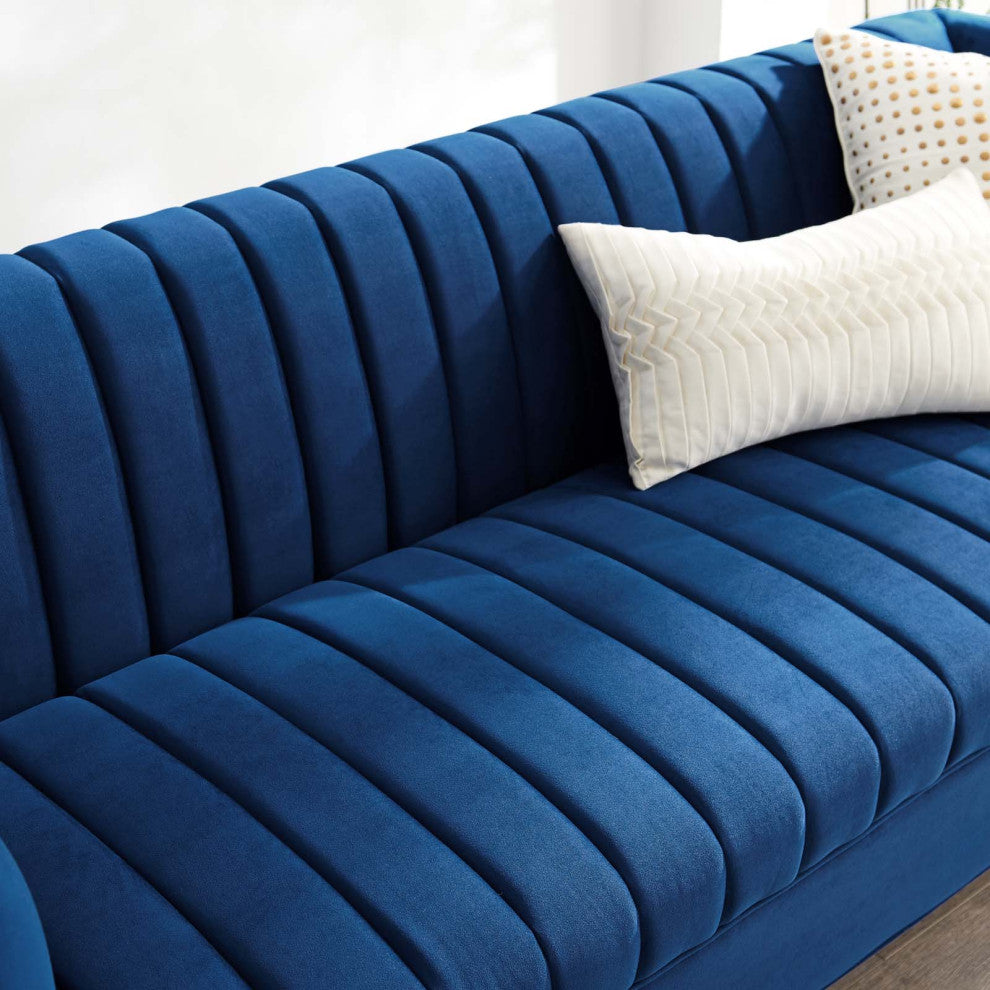 Tufted Sofa, Velvet, Blue Navy, Modern, Living Lounge Hotel Lobby Hospitality
