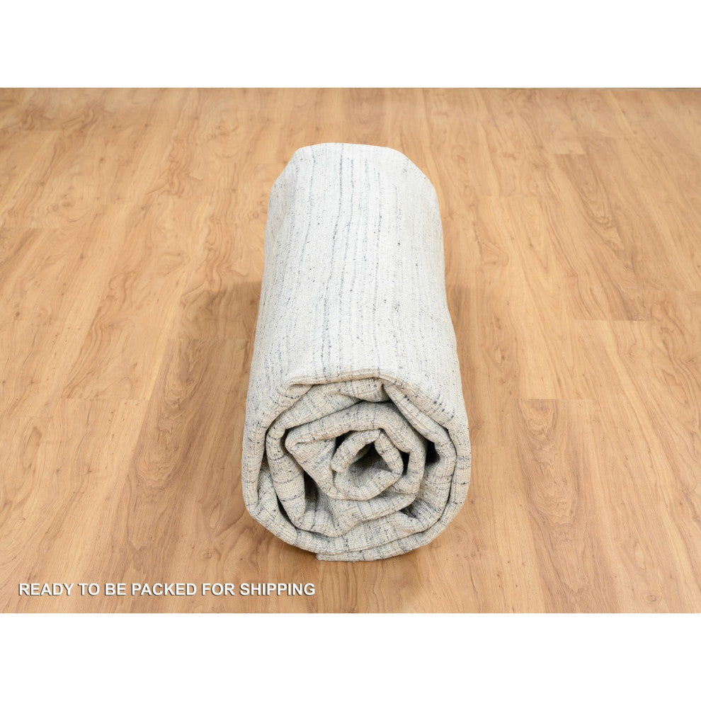 Ivory Plain Modern Striped Design Pure Wool Hand Loomed Round Rug, 11'10"x11'10"