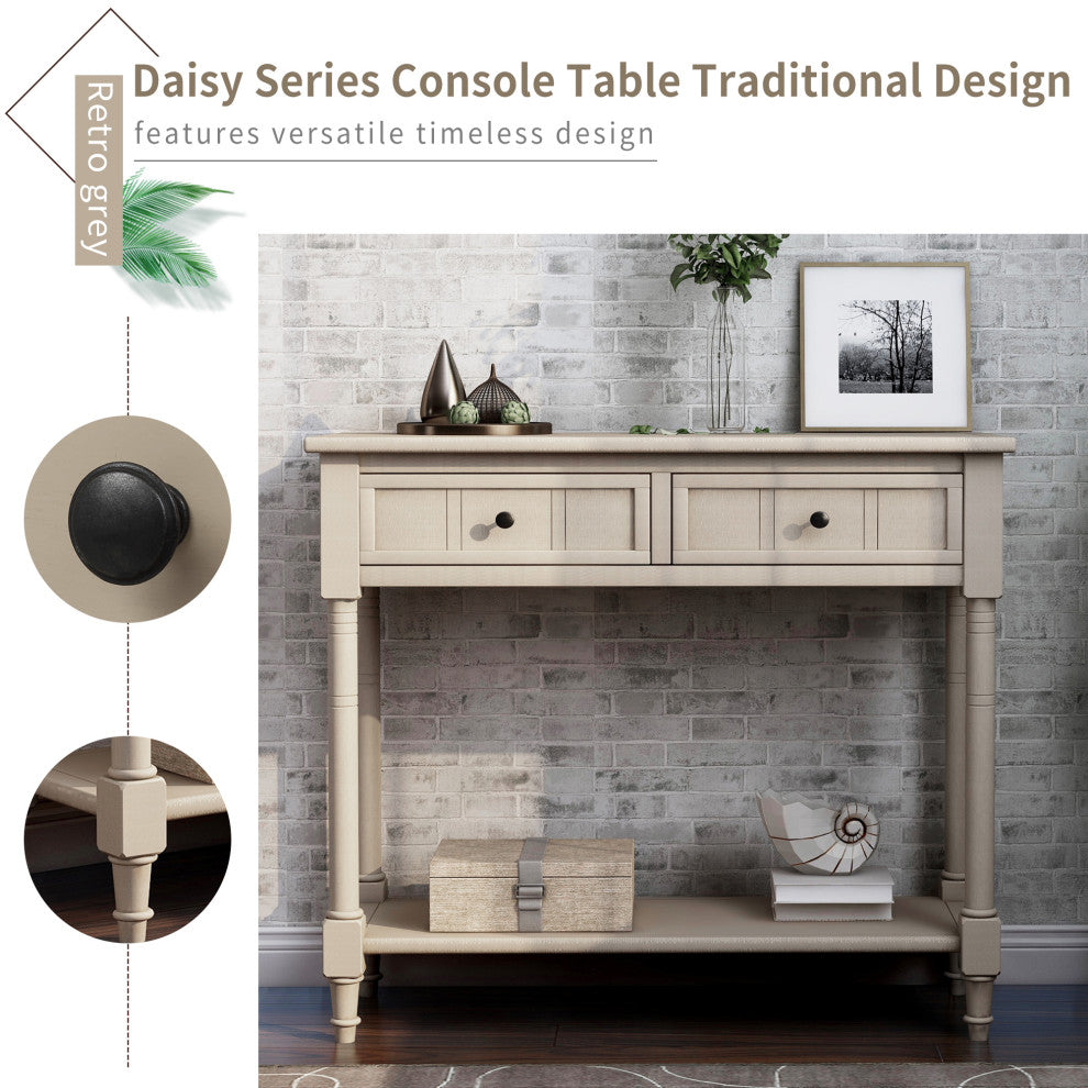 TATEUS Espresso Finish Solid Wood Console Table With Drawers, Antique Gray