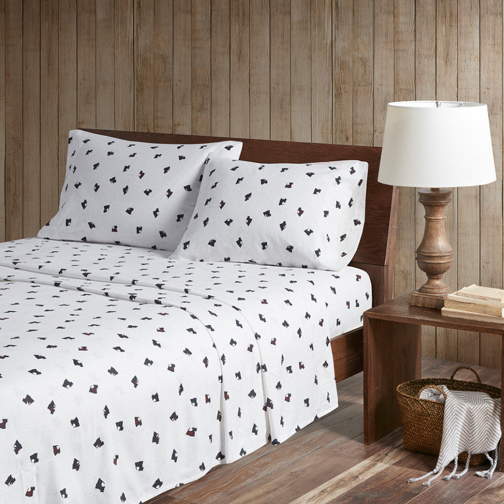 Woolrich Flannel Cotton Flannel Winter Sheet Set, White Scottie