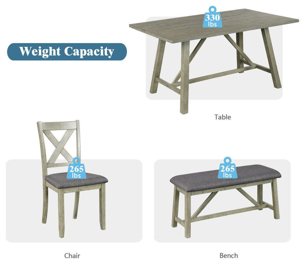 6-Piece Wood Dining Set with Bench and 4 Upholstered Chairs