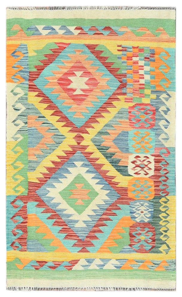 Colorful, Organic Wool Hand Woven, Afghan Kilim Oriental Rug, 2'10"x4'8"