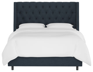 Wells Queen Tufted Wingback Bed, Linen Navy