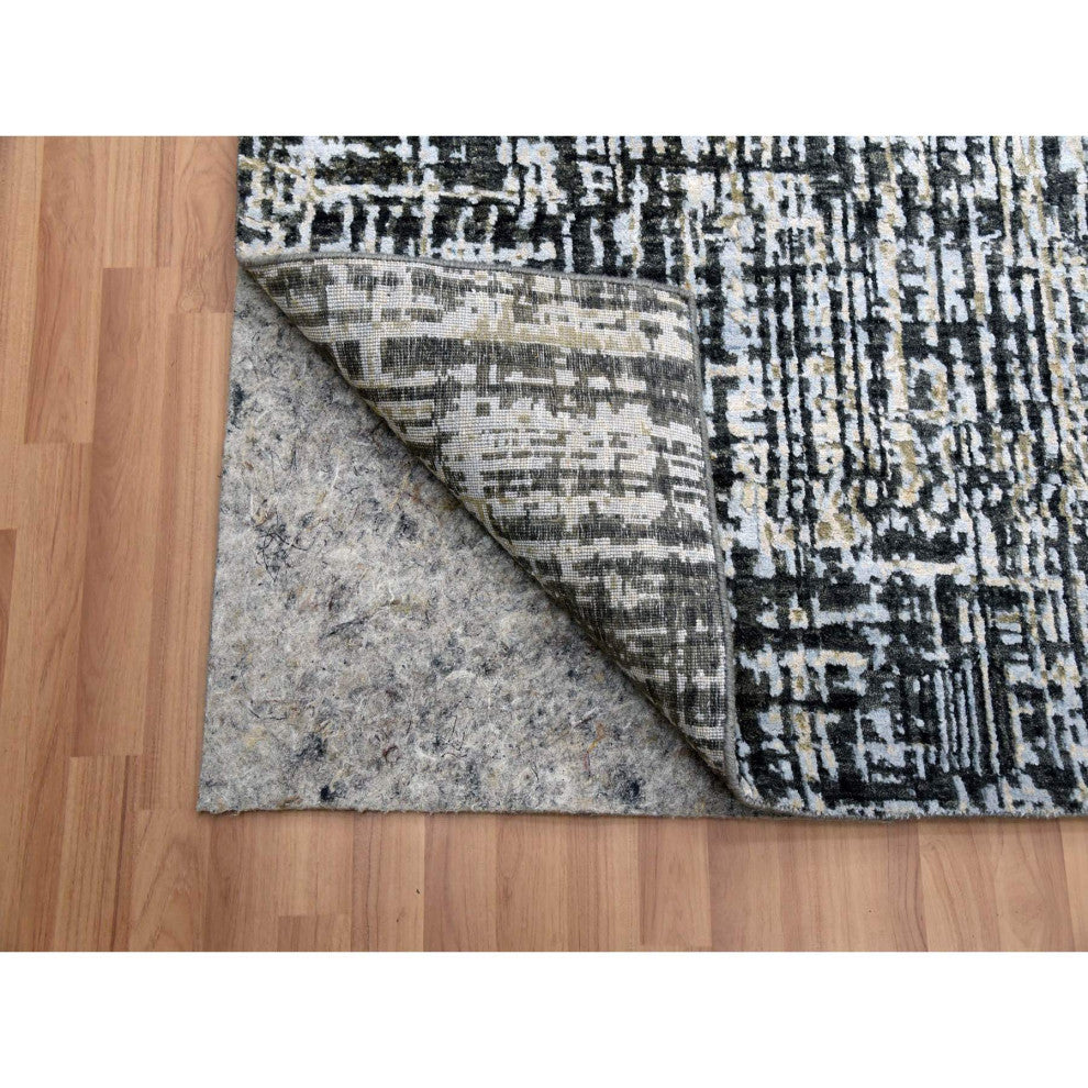 Jet Black, Organic Wool Hand Knotted, Abstract Design Oriental Rug, 9'0"x12'4"