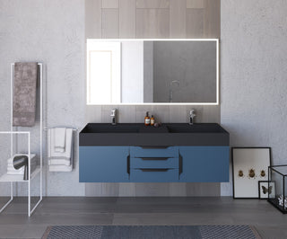 CastelloUSA Amazon 60" Wall Mounted Bathroom Vanity Set, Blue, Black Top, Black Handles