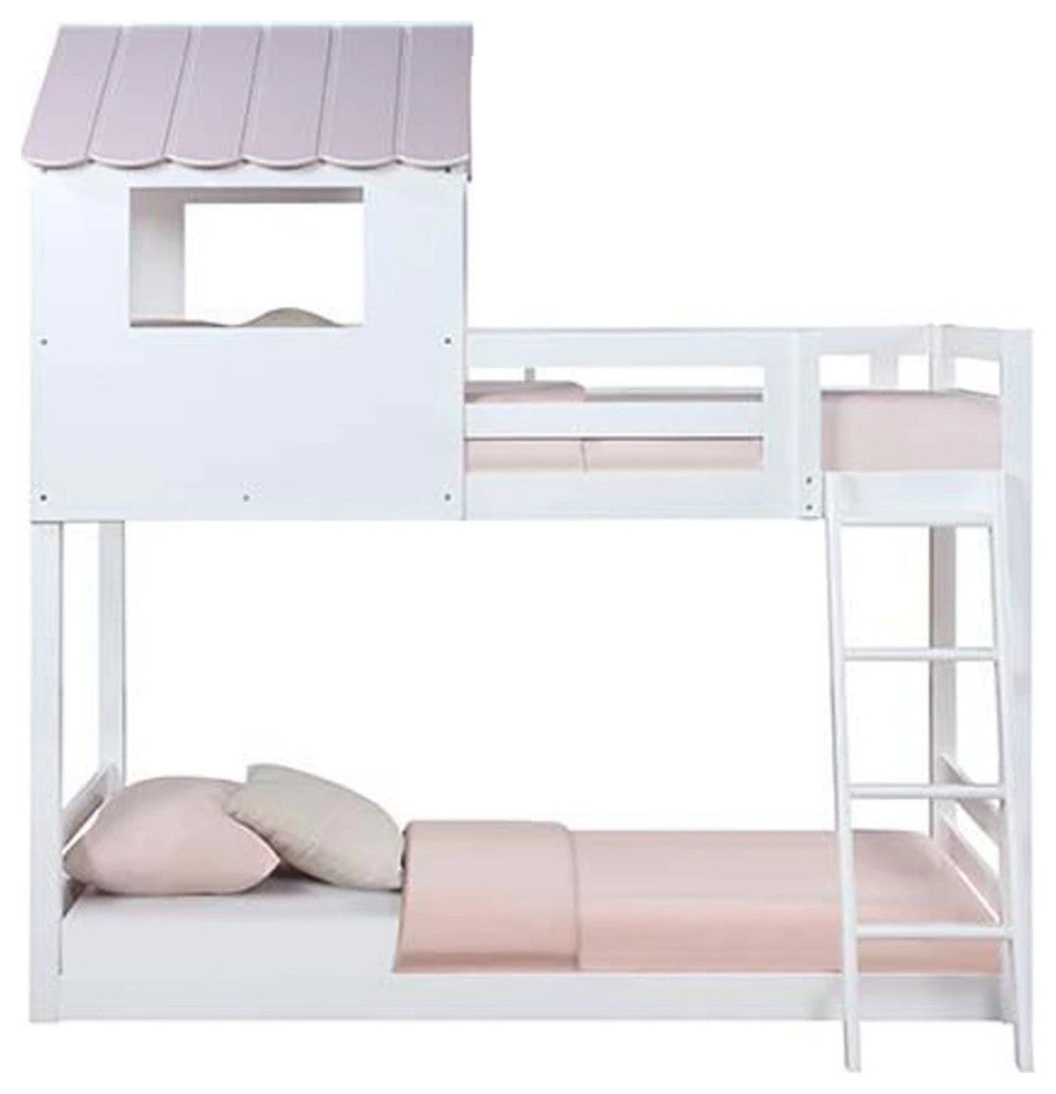 Benzara BM269543 Twin Over Twin Bunk Bed, Fixed Ladder & Pitched Top Roof, White
